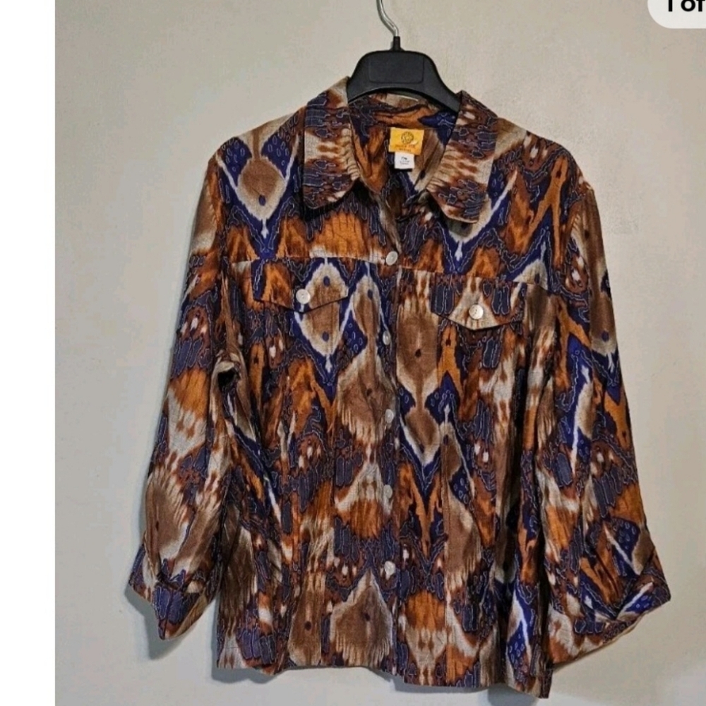 💖🩵Ruby Rd. Top Plus Size 22W Multicolor‎ Leaves Semi-Sheer Shirt Jacket🩷💜